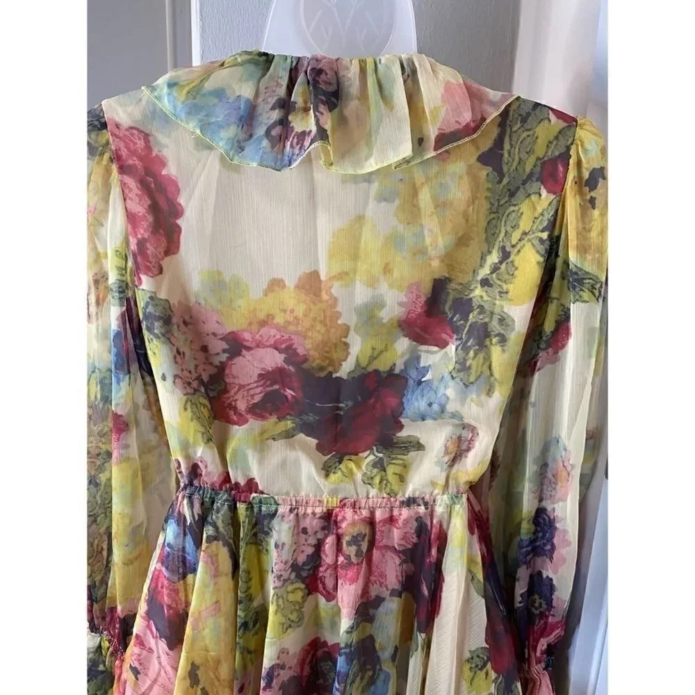 New Opt Floral Long Sleeve, Lined Chiffon Dress Women’s Size Small - Picture 3 of 3